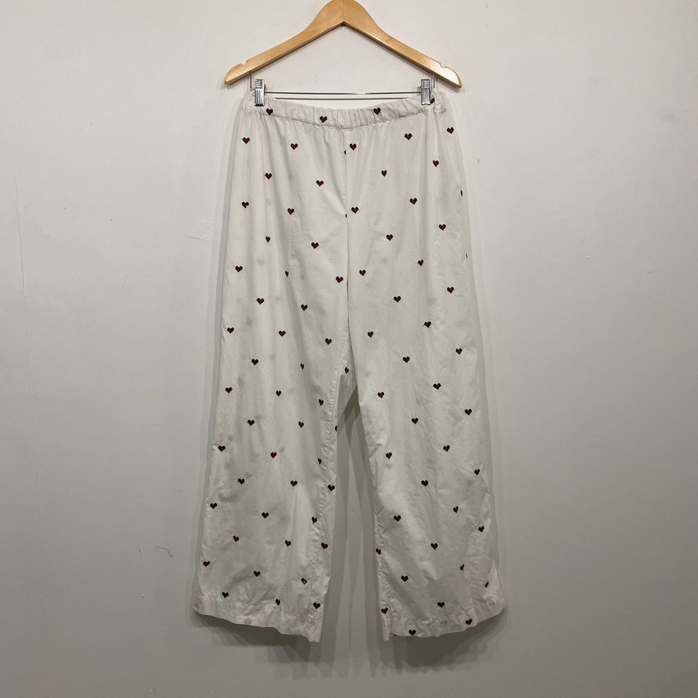 Zara Home White Heart Embroidered Pajama Pants Wide Leg Lounge Bottoms Small
